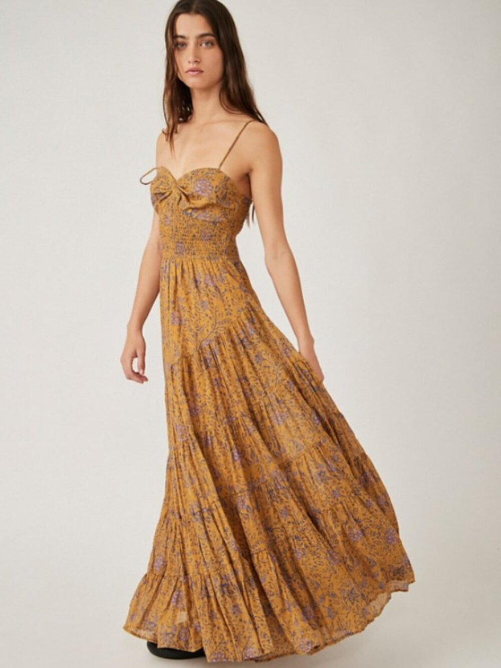 Free People Sundrenched Printed Maxi Dress in Dusty Olive